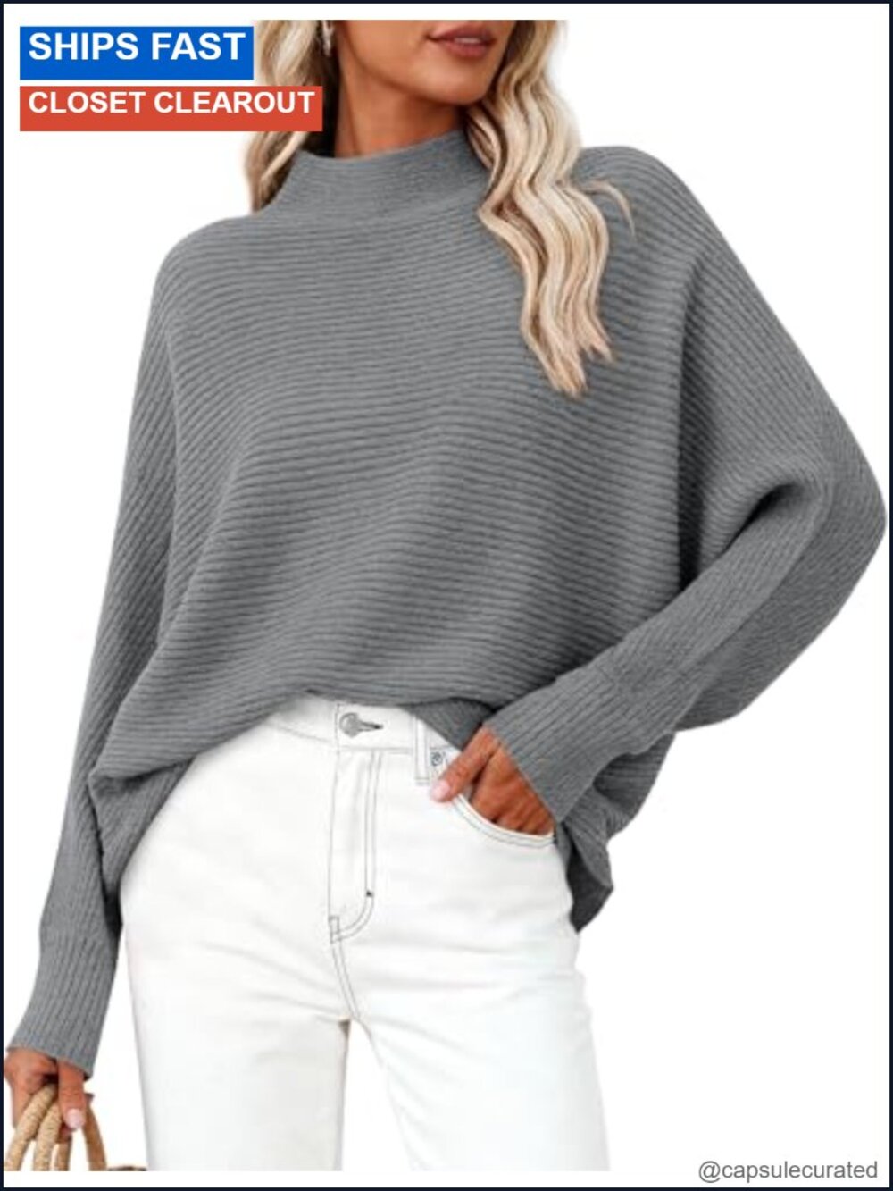 Oversized Ribbed Knit Mock Neck Batwing Sleeve Pullover Sweater